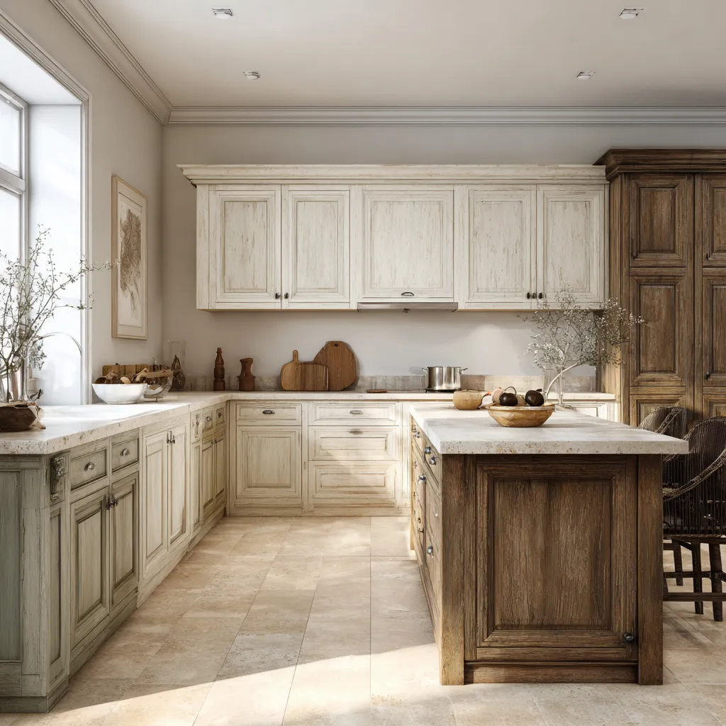 Furniture-led shabby chic kitchen with dark wood island and tall pantry, pale distressed upper cabinetry Furniture-led shabby chic kitchen with dark wood island and tall pantry, pale distressed upper cabinetry