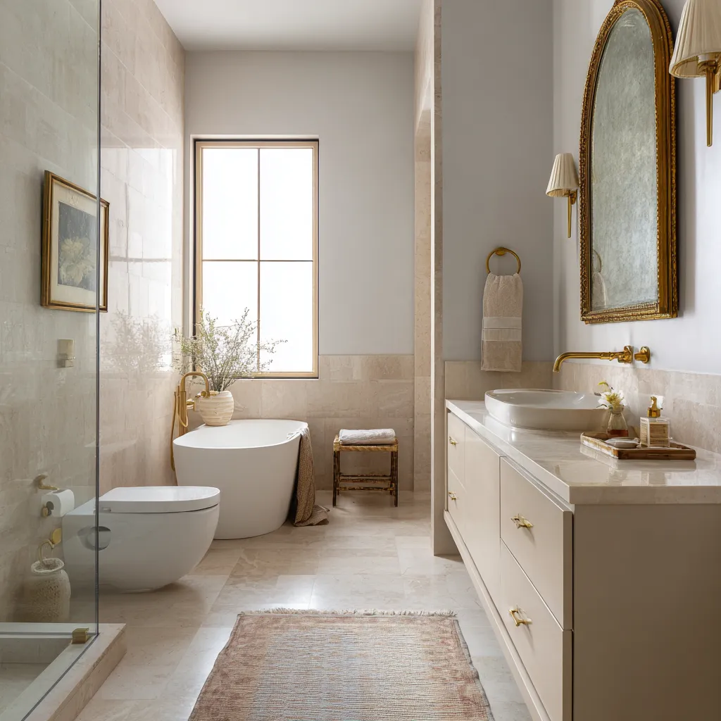 Gallery-style modern shabby chic bathroom with large antique arched mirror, vessel sink, pleated sconces Gallery-style modern shabby chic bathroom with large antique arched mirror, vessel sink, pleated sconces