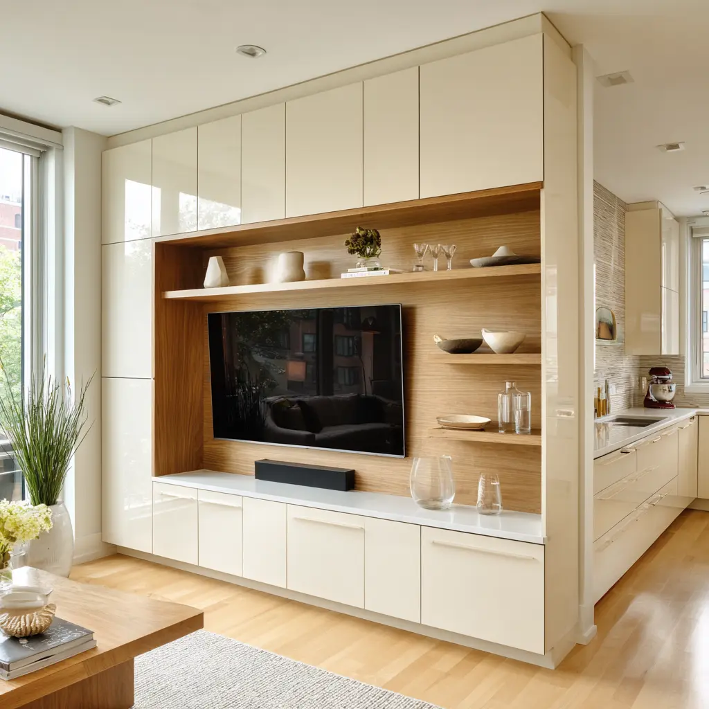 Glossy cream cabinetry wall with recessed wood-lined TV niche, open shelves for decor, and integrated storage extending into the kitchen Glossy cream cabinetry wall with recessed wood-lined TV niche, open shelves for decor, and integrated storage extending into the kitchen