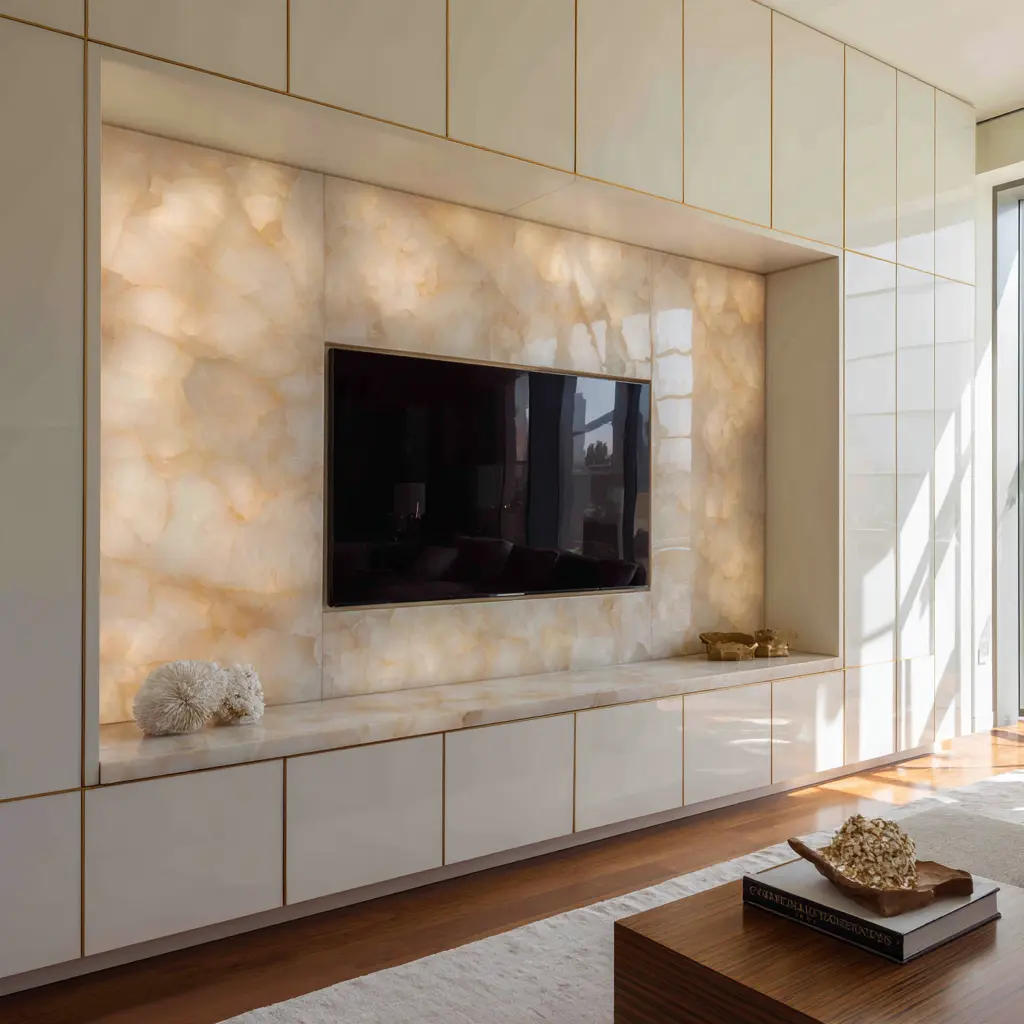 Glossy white built-in TV wall with glowing cream stone inset, flat panel cabinetry grid, and minimal decorative objects on a long stone ledge Glossy white built-in TV wall with glowing cream stone inset, flat panel cabinetry grid, and minimal decorative objects on a long stone ledge
