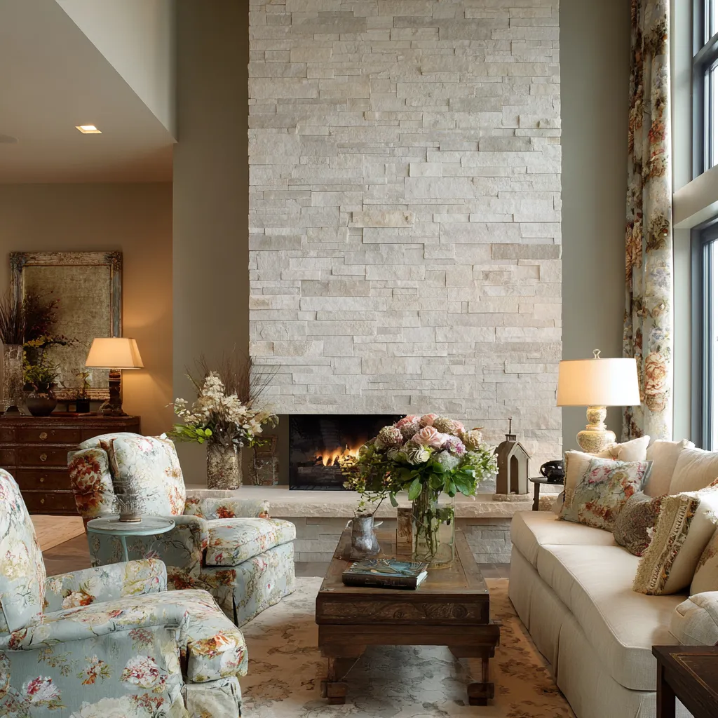 Grand-scale modern shabby chic living room with towering pale stone fireplace, floral armchairs, long cream sofa