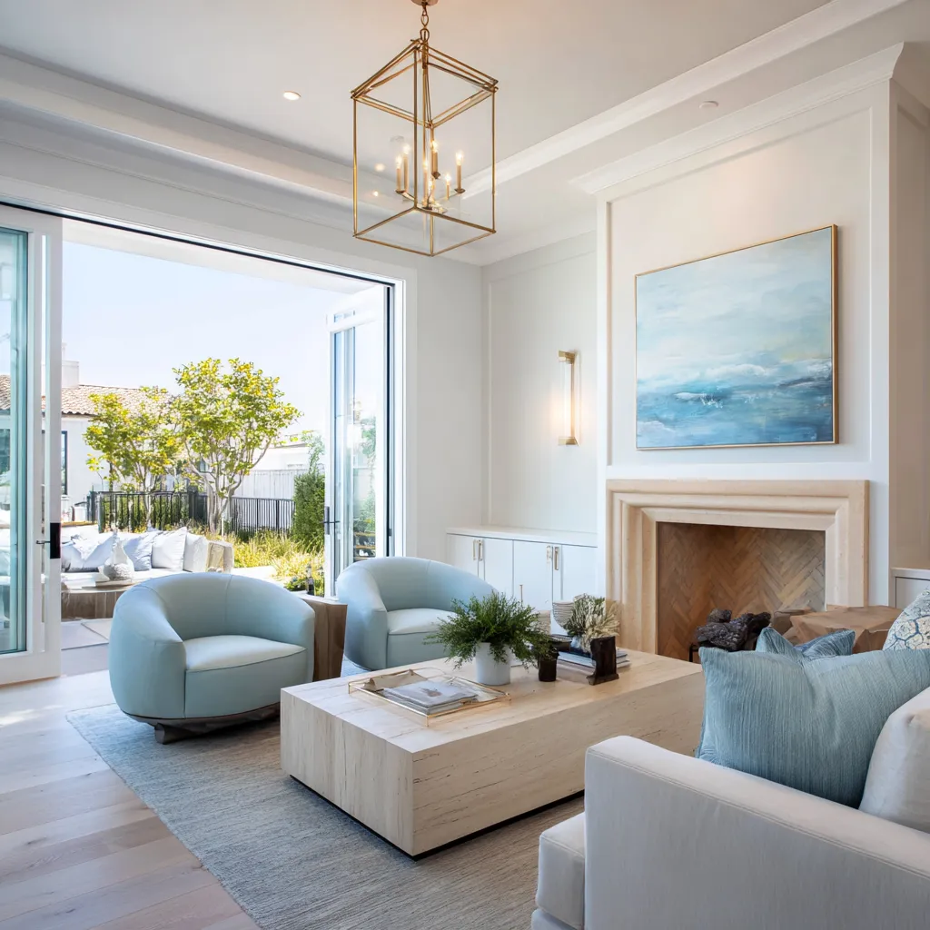 Graphic modern Hamptons living room with a broad pale fireplace wall, seascape artwork above the mantel Graphic modern Hamptons living room with a broad pale fireplace wall, seascape artwork above the mantel