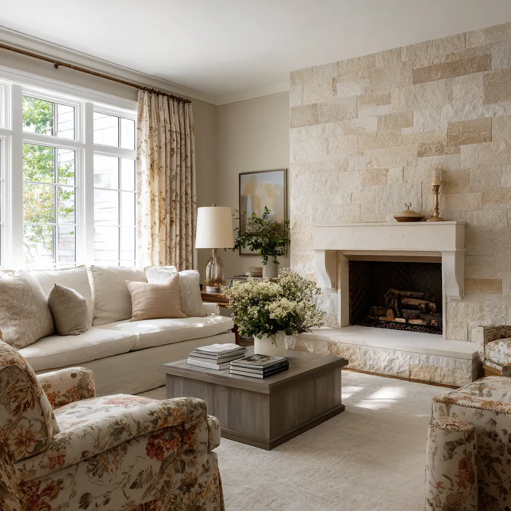 Grounded modern shabby chic living room with large stone fireplace wall, cream slipcovered sofa, earthy floral chairs Grounded modern shabby chic living room with large stone fireplace wall, cream slipcovered sofa, earthy floral chairs