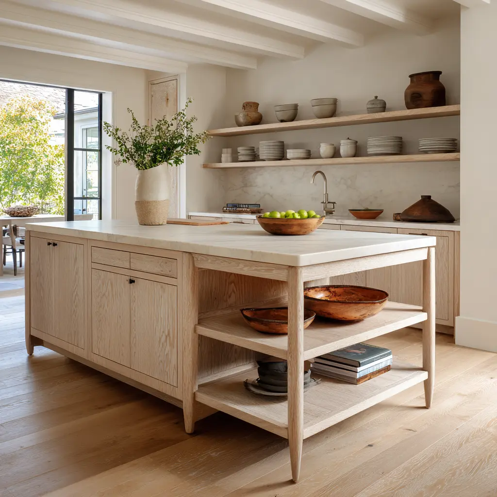 Heritage-style pale wood kitchen furniture style island with legs, open lower shelving, inset cabinet fronts, creamy stone top, floating display shelves Heritage-style pale wood kitchen furniture style island with legs, open lower shelving, inset cabinet fronts, creamy stone top, floating display shelves