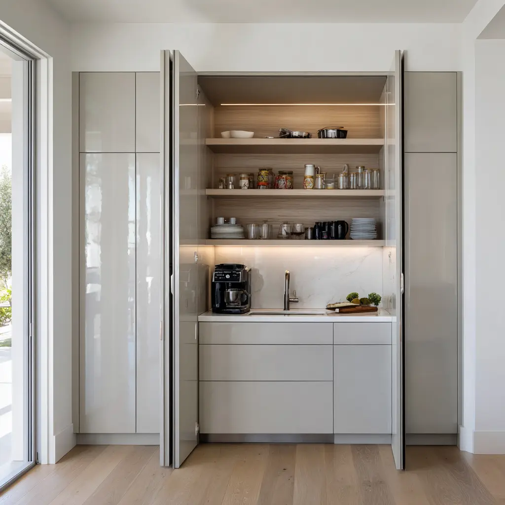 Hidden scullery behind folding cabinet doors with a pale outer wall, warm wood-lined interior, lit open shelves, small sink, coffee station Hidden scullery behind folding cabinet doors with a pale outer wall, warm wood-lined interior, lit open shelves, small sink, coffee station
