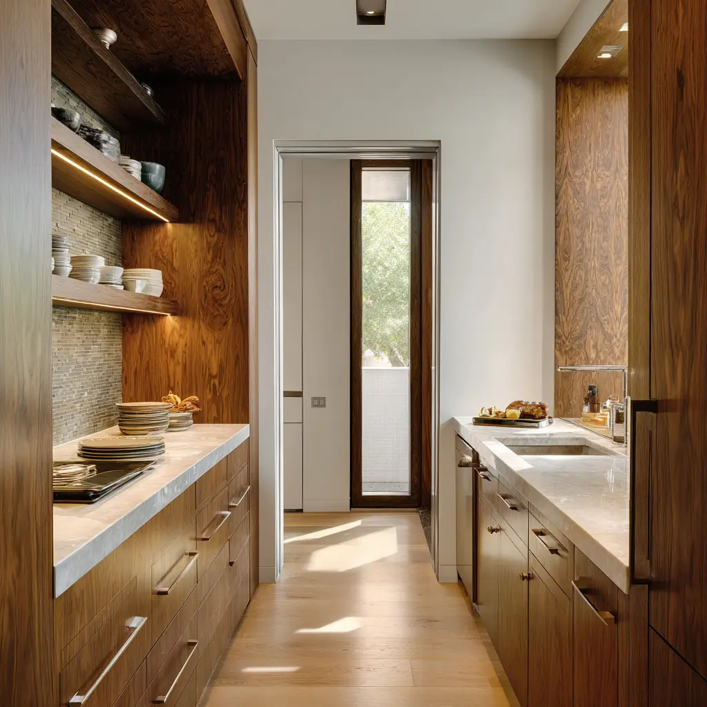 High-capacity walnut galley scullery with recessed open shelves, textured backsplash, pale counters, many drawers, sink run High-capacity walnut galley scullery with recessed open shelves, textured backsplash, pale counters, many drawers, sink run