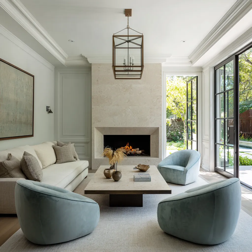 Highly edited modern Hamptons living room with a centered stone fireplace, muted overmantel artwork Highly edited modern Hamptons living room with a centered stone fireplace, muted overmantel artwork