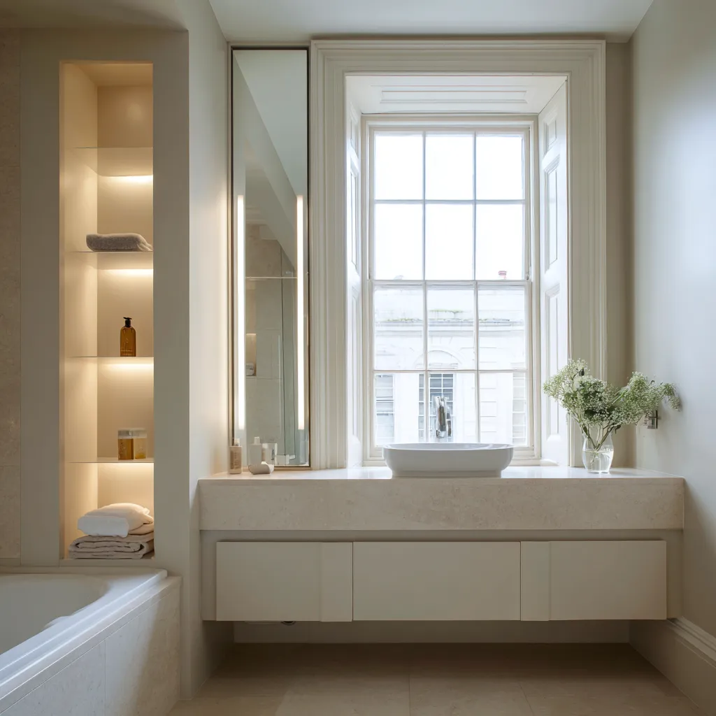 Highly pared-back bathroom with a sink placed beneath a deep Georgian window on a wide stone ledge