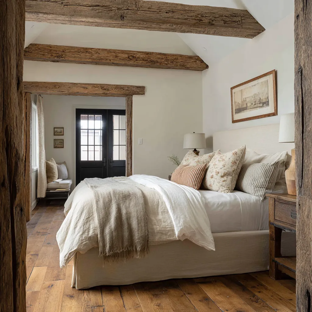 Highly pared-back modern shabby chic bedroom with rustic timber beams, warm aged wood floors, pale layered bedding Highly pared-back modern shabby chic bedroom with rustic timber beams, warm aged wood floors, pale layered bedding