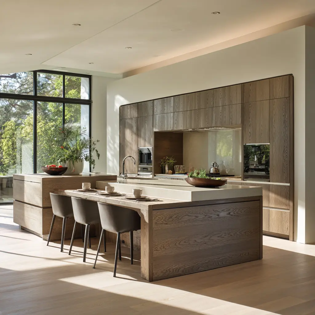 Hybrid kitchen island with a raised stone work surface and attached wood dining-height extension, slim upholstered chairs Hybrid kitchen island with a raised stone work surface and attached wood dining-height extension, slim upholstered chairs