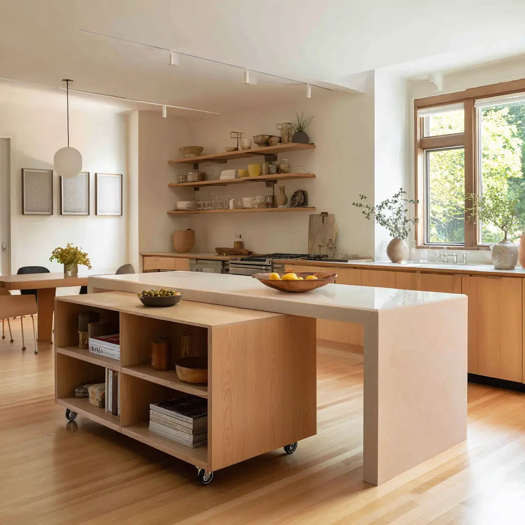 Hybrid movable kitchen island with pale waterfall slab end and attached lower wood shelving unit on casters, open cubbies