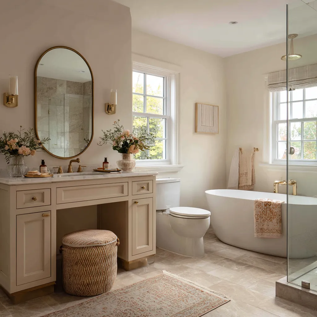 Interoir design with vanity shaped like a dressing table, woven stool tucked below counter, tall arched brass mirror, floral arrangement Interoir design with vanity shaped like a dressing table, woven stool tucked below counter, tall arched brass mirror, floral arrangement