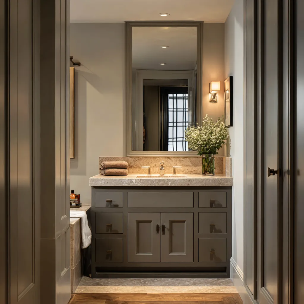 Intimate Colonial vanity alcove with a smoky taupe paneled cabinet, warm stone countertop, tall framed mirror Intimate Colonial vanity alcove with a smoky taupe paneled cabinet, warm stone countertop, tall framed mirror