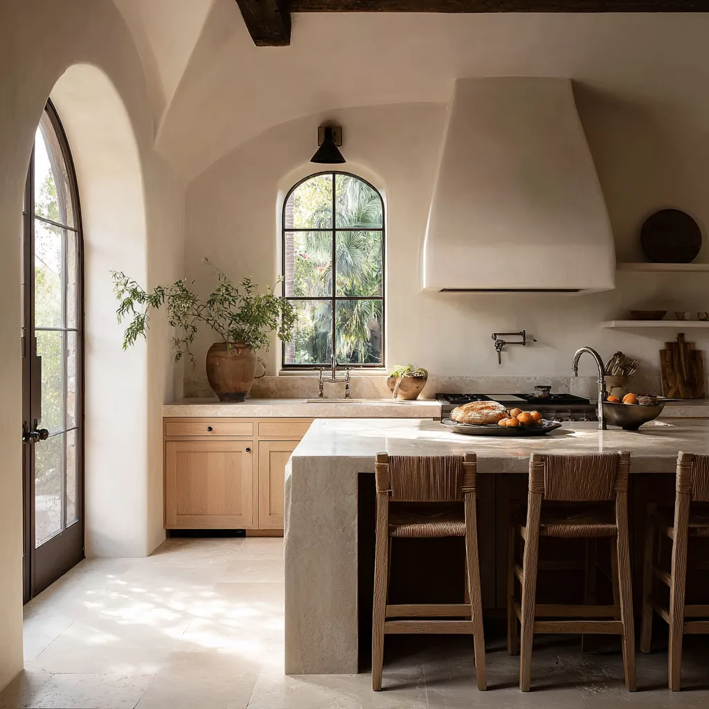 Intimate Spanish Revival kitchen with a compact waterfall island, woven counter stools, restrained rear wall with window and hood