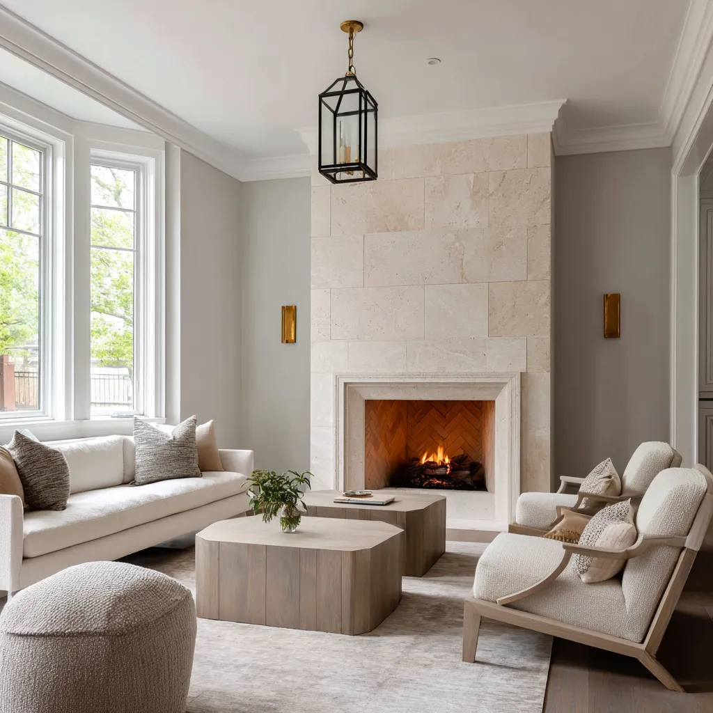 Intimate modern Hamptons living room ideas with soft gray walls, a full limestone fireplace wall, herringbone firebox Intimate modern Hamptons living room ideas with soft gray walls, a full limestone fireplace wall, herringbone firebox
