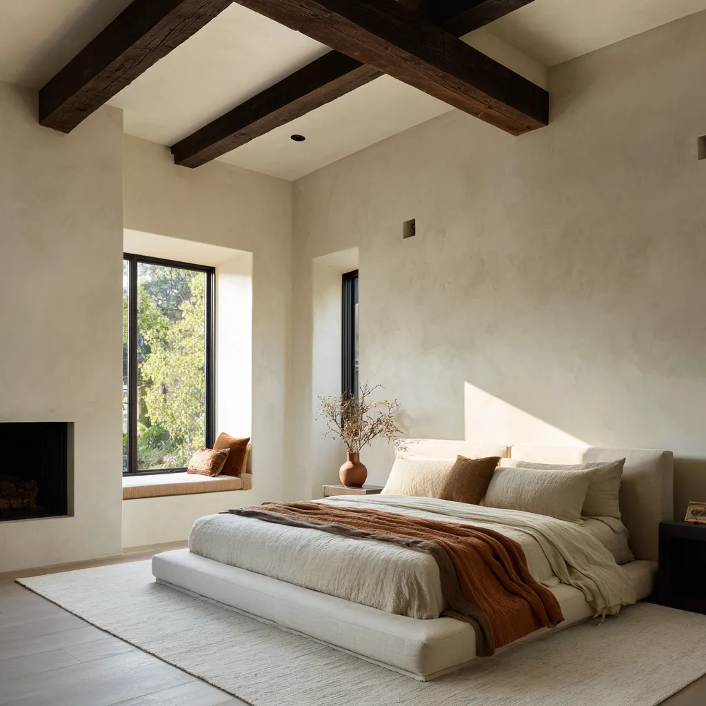 It strips the Santa Barbara bedroom idea down to plaster, timber, deep-set windows, a minimal fireplace opening It strips the Santa Barbara bedroom idea down to plaster, timber, deep-set windows, a minimal fireplace opening