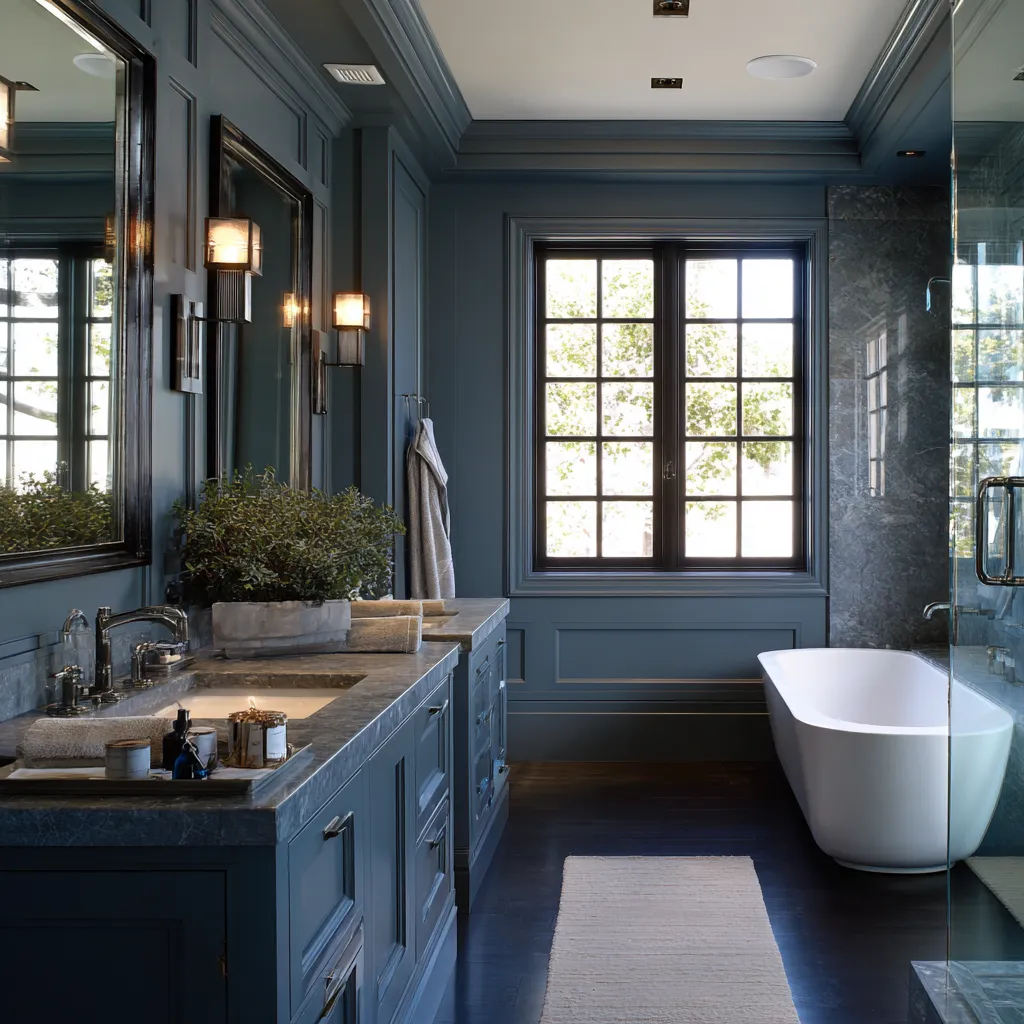 Large blue Colonial bathroom with paneled walls, long vanity, dark-trimmed window, freestanding white tub, glass shower Large blue Colonial bathroom with paneled walls, long vanity, dark-trimmed window, freestanding white tub, glass shower