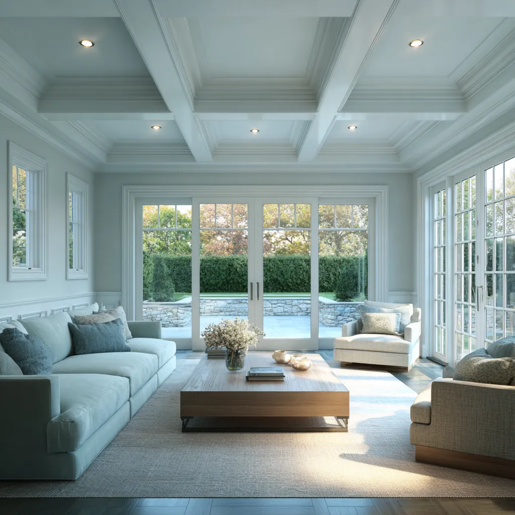 Large modern Hamptons living room with a pale timber vaulted ceiling, deep arch openings, creamy sectional sofa Large modern Hamptons living room with a pale timber vaulted ceiling, deep arch openings, creamy sectional sofa