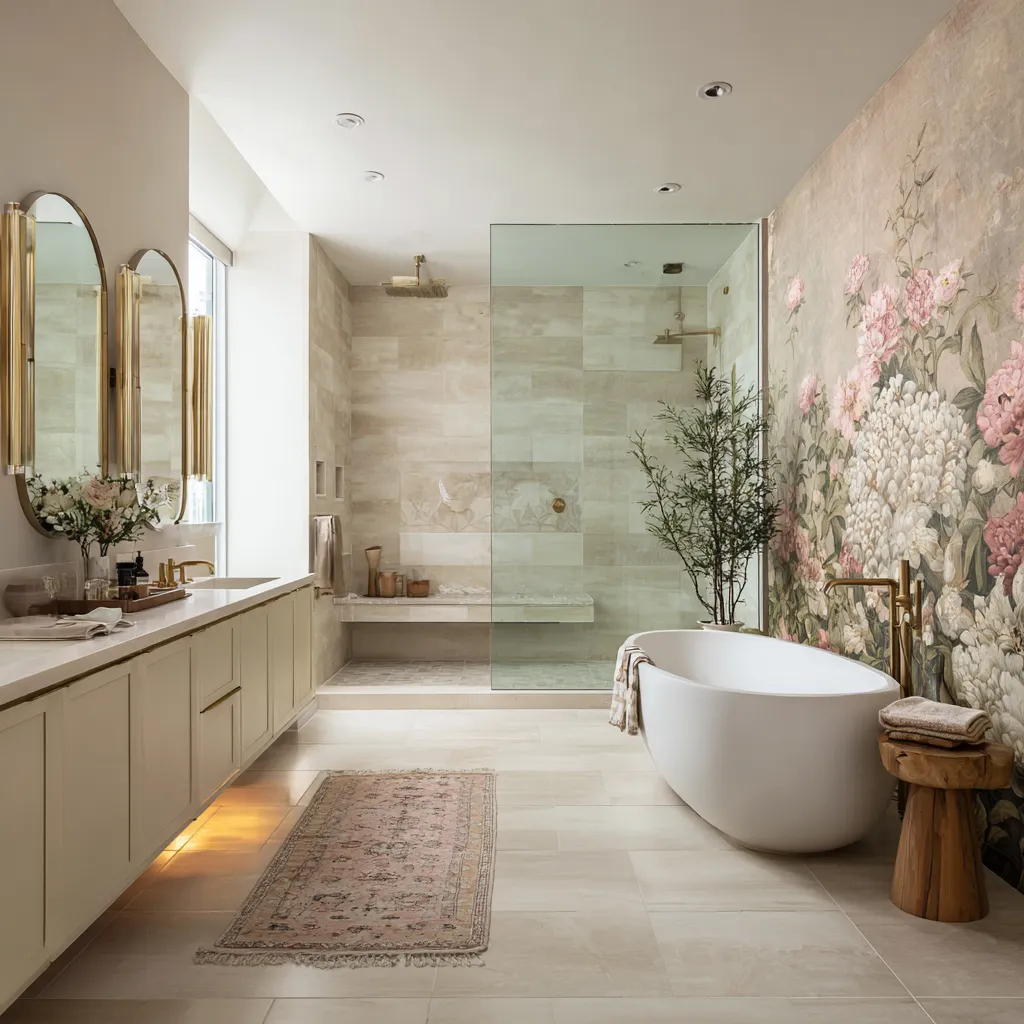 Large modern shabby chic bathroom with oversized floral mural, long lighted vanity, tall arched mirrors, sculptural freestanding tub Large modern shabby chic bathroom with oversized floral mural, long lighted vanity, tall arched mirrors, sculptural freestanding tub