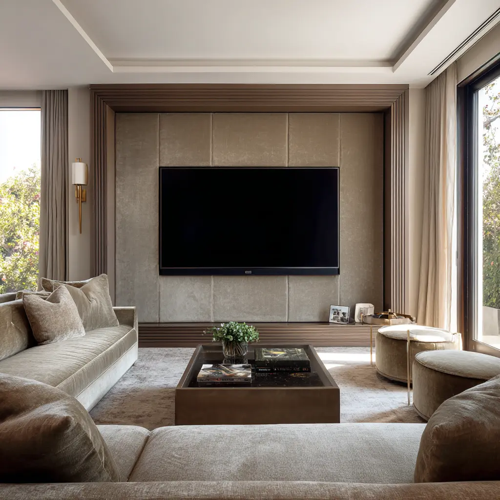 Large recessed TV feature wall with soft taupe panels, dark wood frame, wide ledge beneath the screen, and neutral living room seating Large recessed TV feature wall with soft taupe panels, dark wood frame, wide ledge beneath the screen, and neutral living room seating