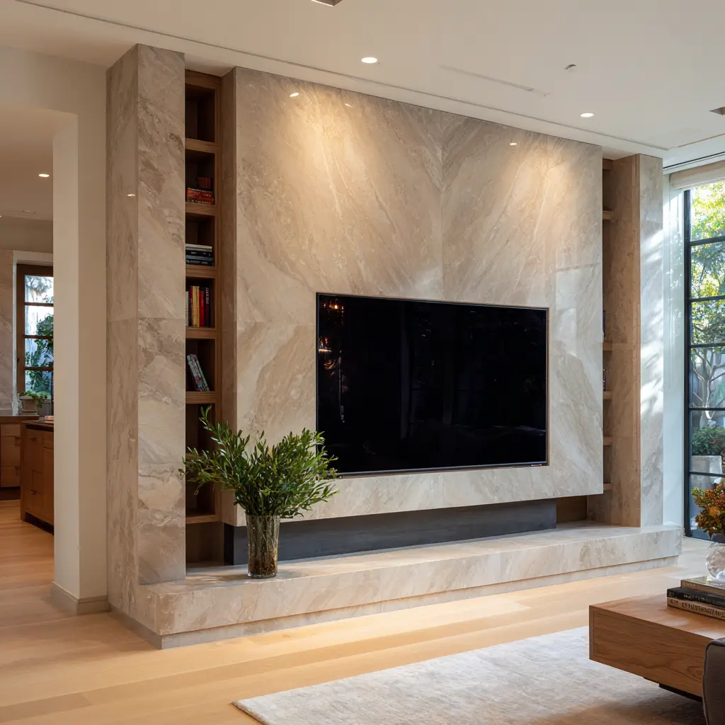 Large stone-clad TV wall with central beige slab, recessed black screen, stone side piers, built-in shelving niches Large stone-clad TV wall with central beige slab, recessed black screen, stone side piers, built-in shelving niches