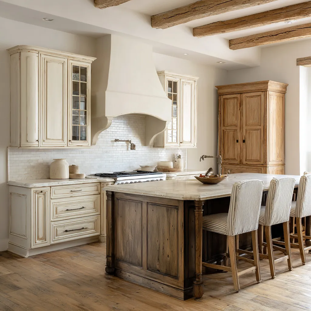 Larger shabby chic kitchen with distressed cream cabinetry, a dark wood island, exposed beams