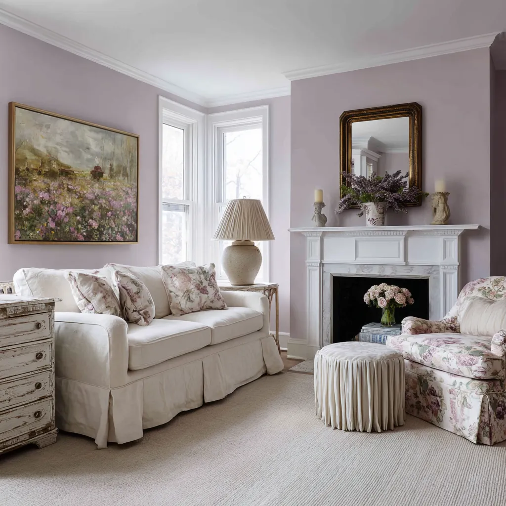 Lavender-gray modern shabby chic living room with skirted sofa, floral armchair, gathered ottoman Lavender-gray modern shabby chic living room with skirted sofa, floral armchair, gathered ottoman