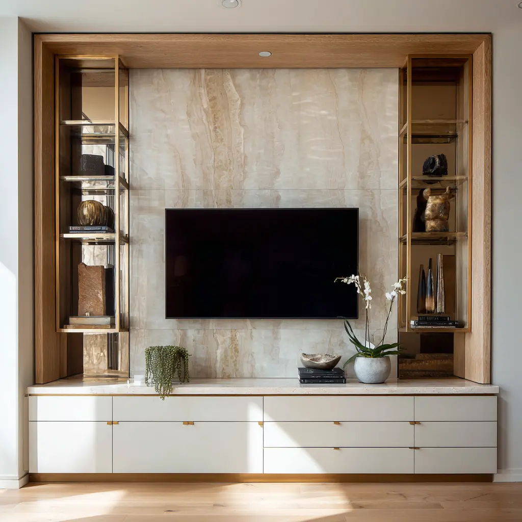 Layered built-in TV wall with warm wood outer frame, beige stone center panel, glass display shelves on both sides, and light cabinetry base Layered built-in TV wall with warm wood outer frame, beige stone center panel, glass display shelves on both sides, and light cabinetry base