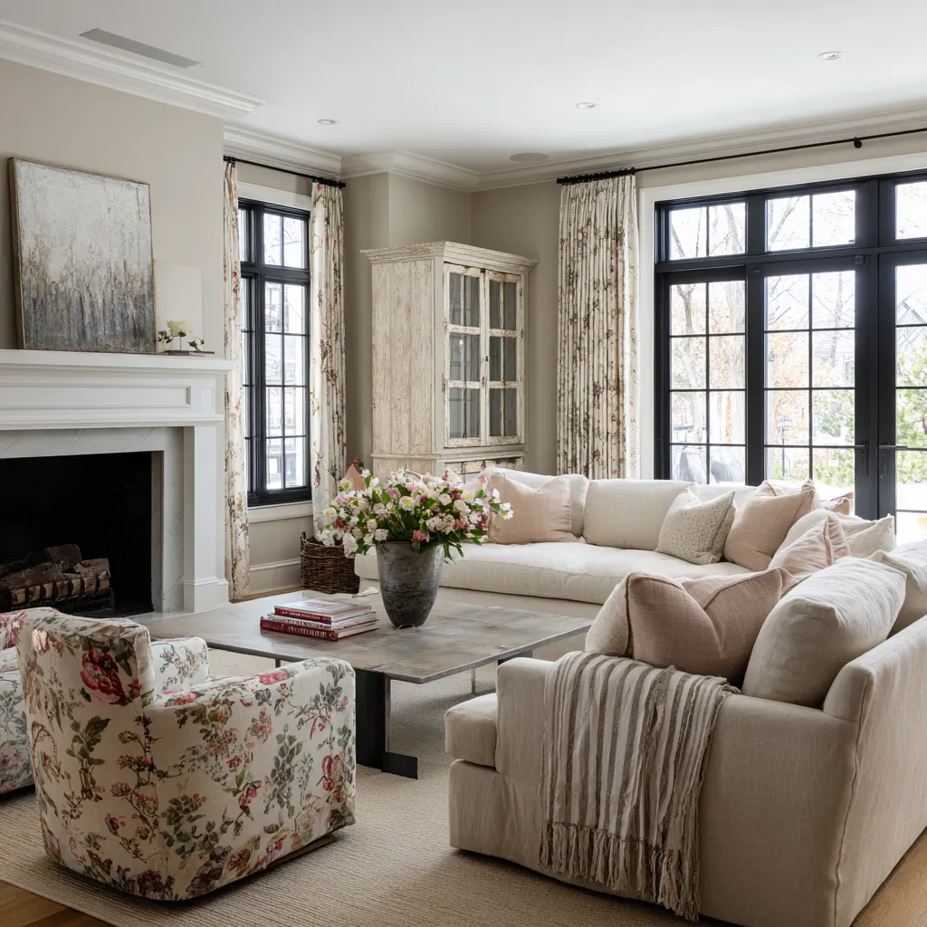 Layered modern shabby chic living room with pale sofa, floral draperies, floral accent chair Layered modern shabby chic living room with pale sofa, floral draperies, floral accent chair