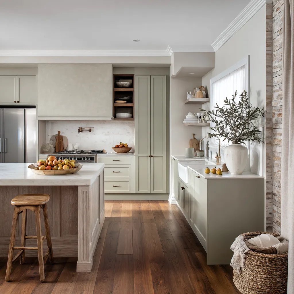Layered shabby chic kitchen with a warm wood island, muted green-gray cabinetry, a broad plaster hood Layered shabby chic kitchen with a warm wood island, muted green-gray cabinetry, a broad plaster hood