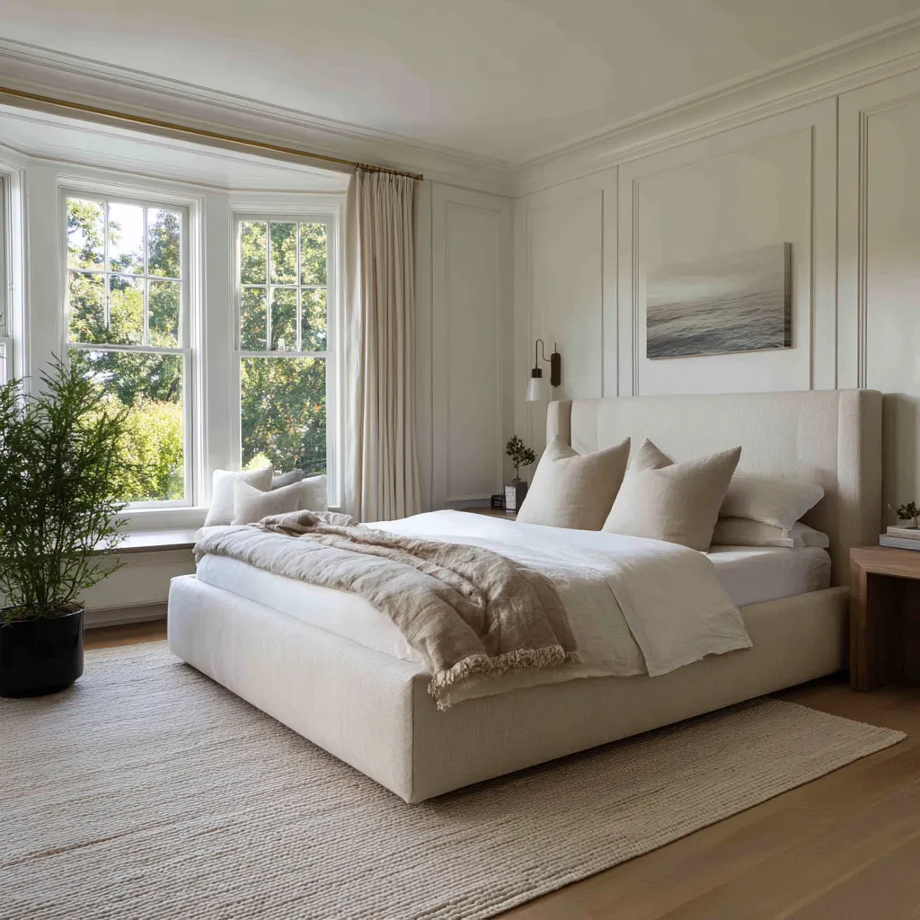 Light California chic bedroom with paneled walls, a tall wingback upholstered headboard, pale woven rug, soft neutral bedding Light California chic bedroom with paneled walls, a tall wingback upholstered headboard, pale woven rug, soft neutral bedding