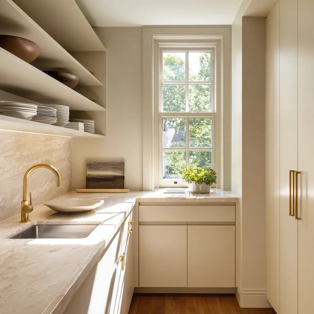 Light cream scullery with pale stone counter and backsplash, simple open shelves, brushed gold faucet, tall closed cabinet wall Light cream scullery with pale stone counter and backsplash, simple open shelves, brushed gold faucet, tall closed cabinet wall