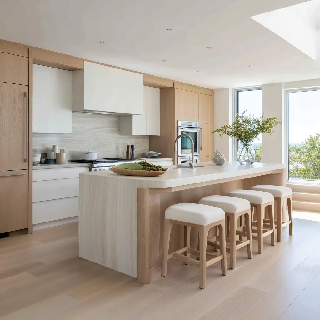 Light-filled coastal-inspired kitchen with a pale stone and wood island, rounded waterfall corners, soft upholstered stools, white cabinetry Light-filled coastal-inspired kitchen with a pale stone and wood island, rounded waterfall corners, soft upholstered stools, white cabinetry