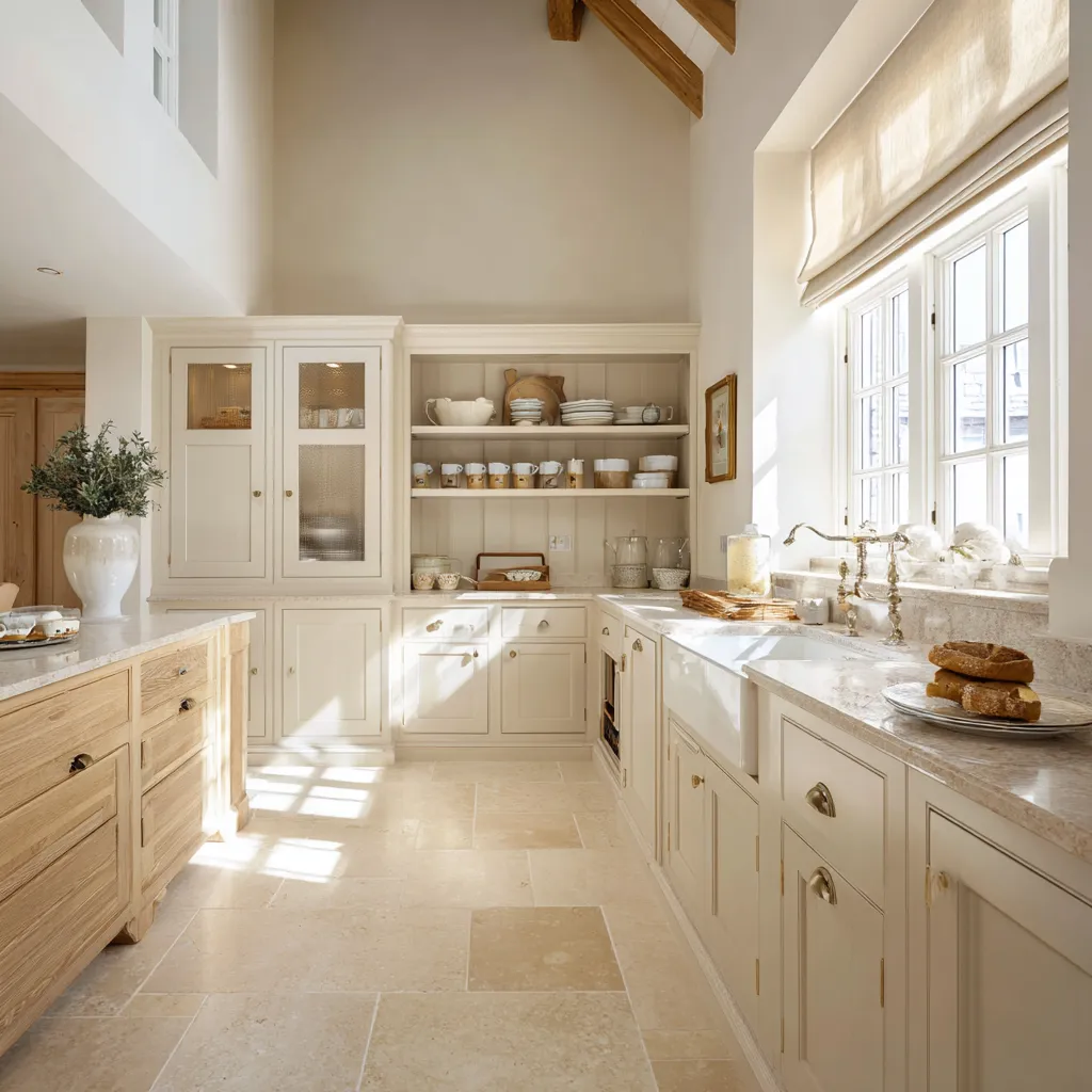 Lofty shabby chic kitchen with exposed beams, creamy dresser-like cabinetry, open dish shelving, a large window wall Lofty shabby chic kitchen with exposed beams, creamy dresser-like cabinetry, open dish shelving, a large window wall