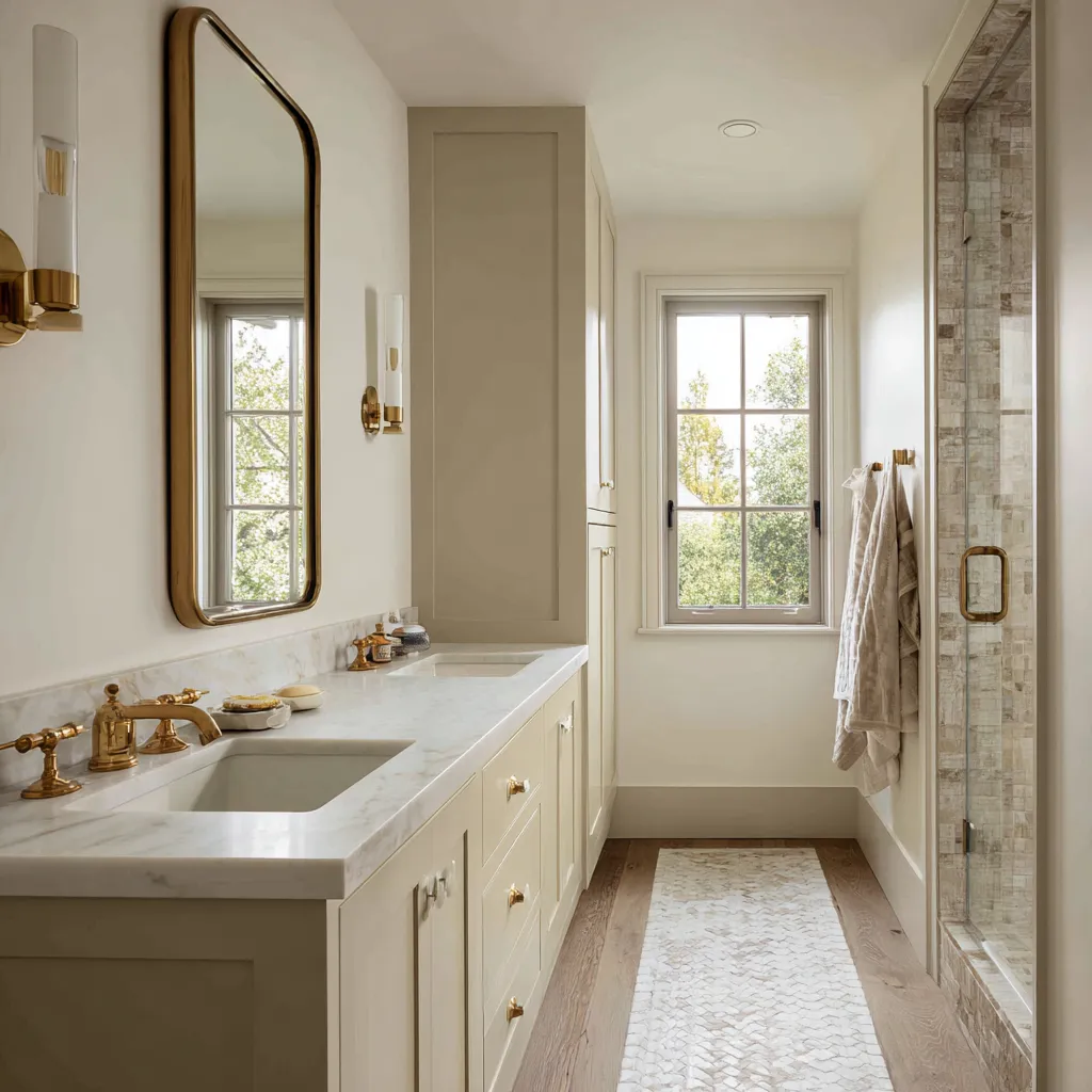 Long Colonial bathroom with a double vanity in cream-painted cabinetry, brass fixtures, a tall mirror, shower enclosure, wood floor Long Colonial bathroom with a double vanity in cream-painted cabinetry, brass fixtures, a tall mirror, shower enclosure, wood floor