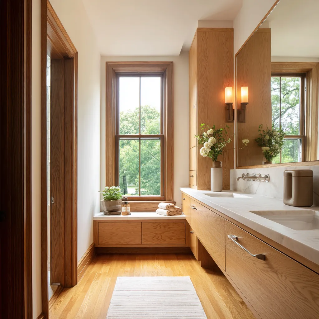 Long bright Craftsman bathroom design with extended oak vanity, full-length mirror, built-in bench under window, and warm wood trim