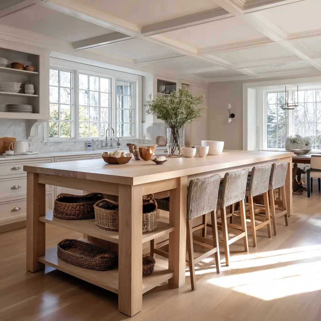 Long communal wood table-style kitchen island with broad square legs, open end shelving, upholstered stools Long communal wood table-style kitchen island with broad square legs, open end shelving, upholstered stools