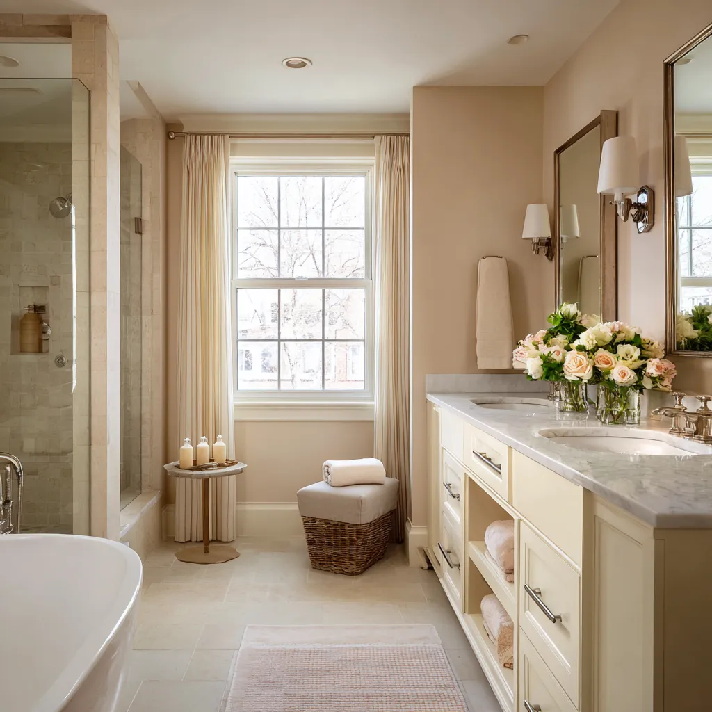 Long modern shabby chic bathroom with warm beige-blush walls, full-length drapery, extended paneled vanity with marble top Long modern shabby chic bathroom with warm beige-blush walls, full-length drapery, extended paneled vanity with marble top