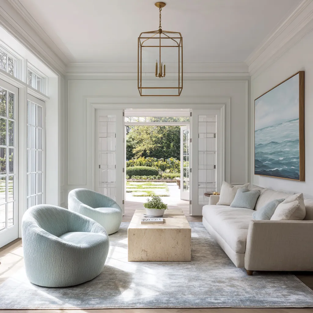 Long, narrow modern Hamptons living room with subtle wall paneling, a pale sofa, two rounded blue swivel chairs