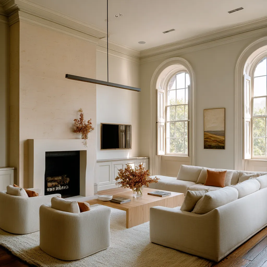 Lounge design with a monolithic pale stone fireplace wall, arched windows, slim black linear pendant
