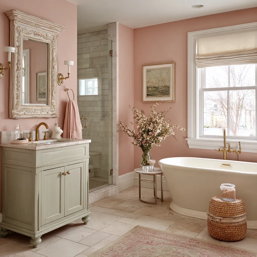 Lovely romantic modern shabby chic bathroom with pink walls, carved distressed mirror, pale painted vanity on rounded feet Lovely romantic modern shabby chic bathroom with pink walls, carved distressed mirror, pale painted vanity on rounded feet