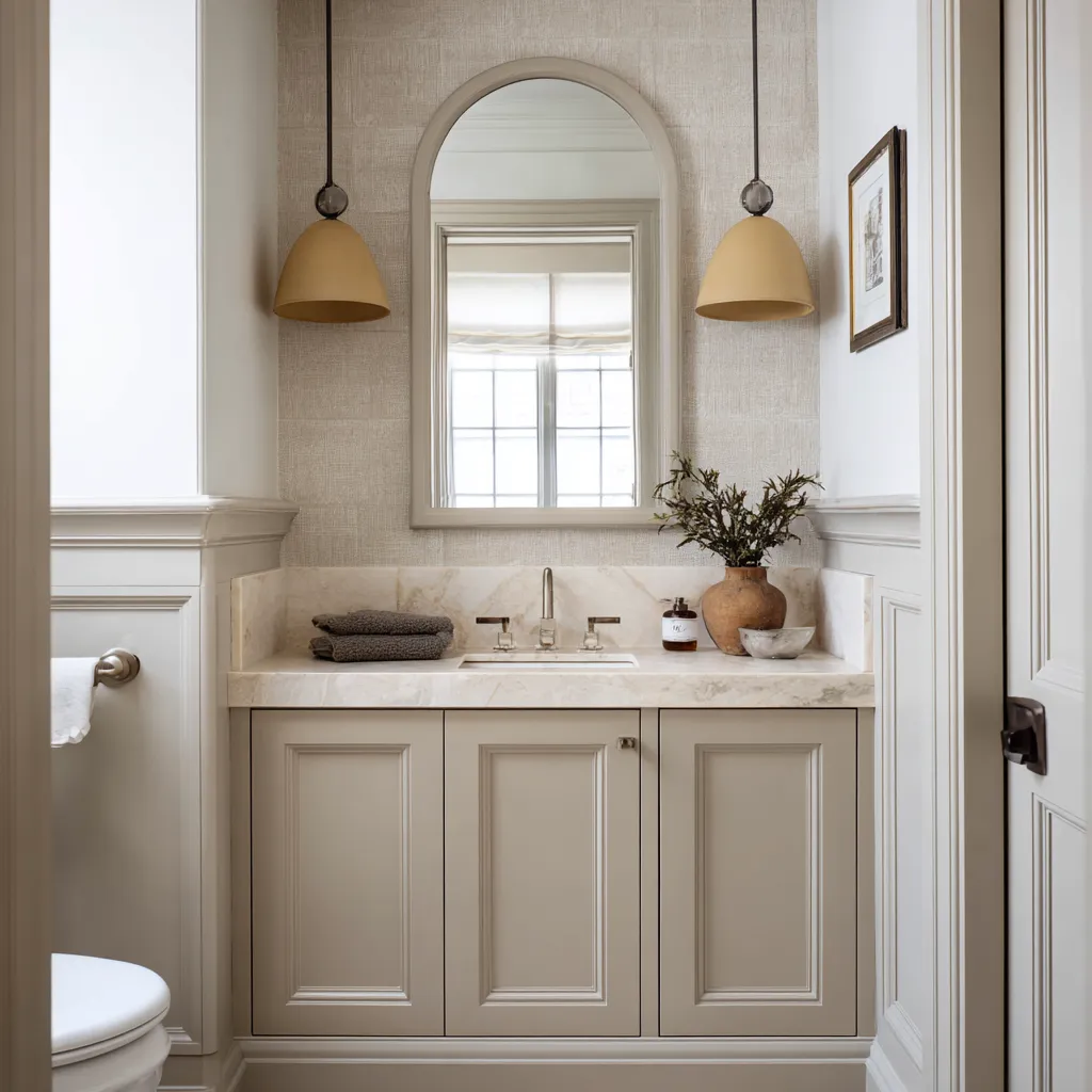 Lovely warm Colonial-style bathroom ideas with a paneled vanity set into a recessed niche, textured wall finish, arched mirror Lovely warm Colonial-style bathroom ideas with a paneled vanity set into a recessed niche, textured wall finish, arched mirror