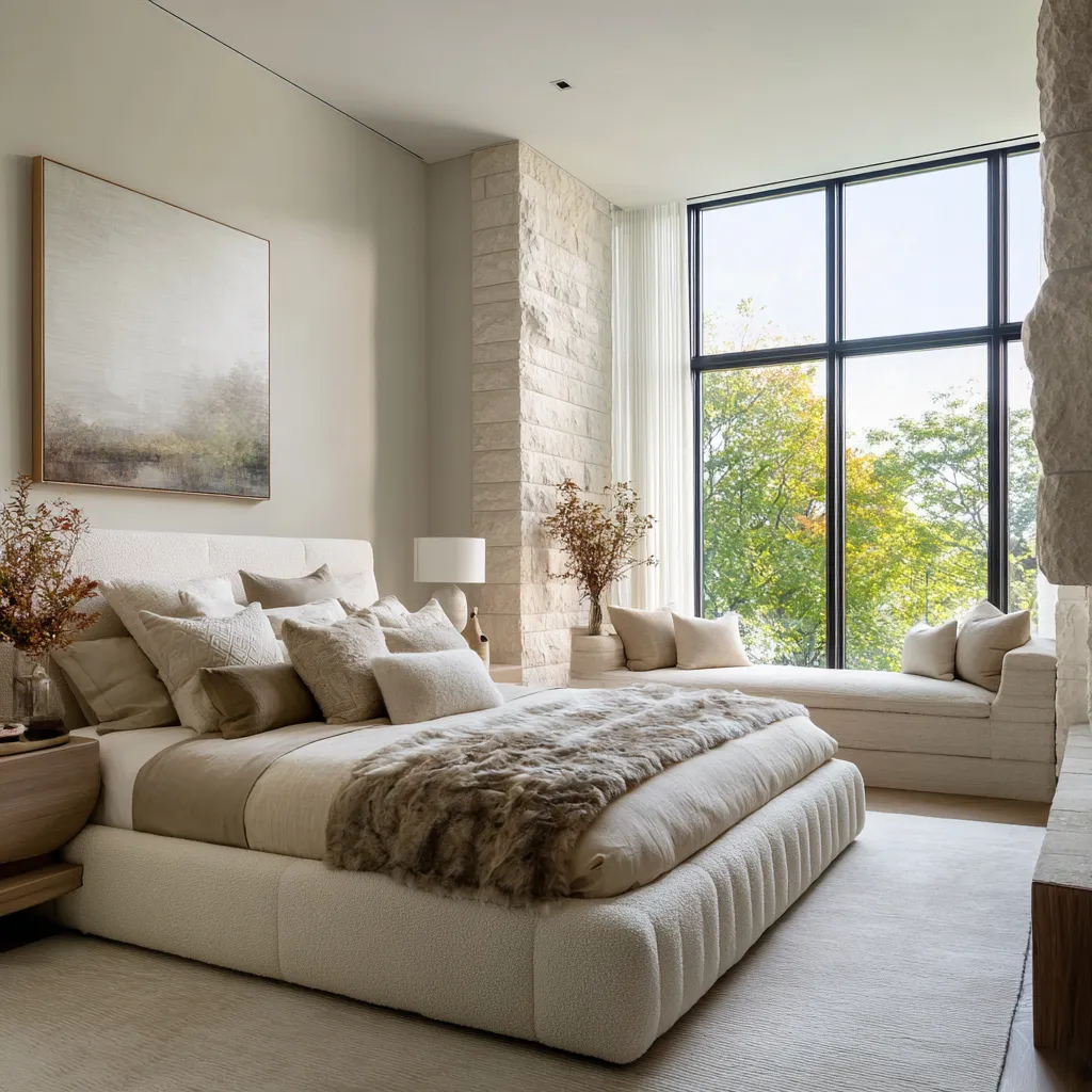 Luxurious California chic bedroom with a floor-to-ceiling black-framed window, pale stone wall panels Luxurious California chic bedroom with a floor-to-ceiling black-framed window, pale stone wall panels