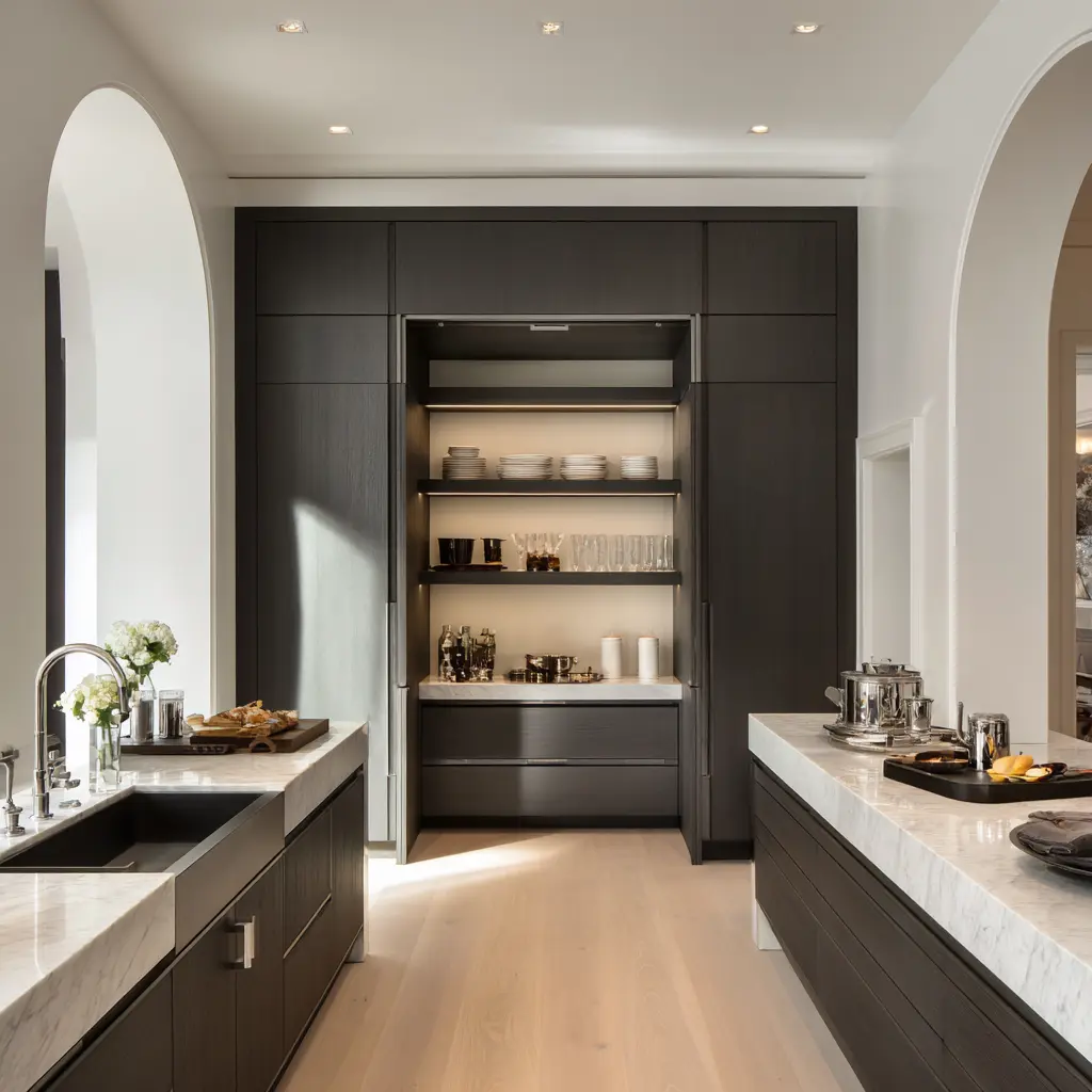 Luxury symmetrical scullery with dark wood islands, pale counters, central lit display niche, hidden storage walls Luxury symmetrical scullery with dark wood islands, pale counters, central lit display niche, hidden storage walls