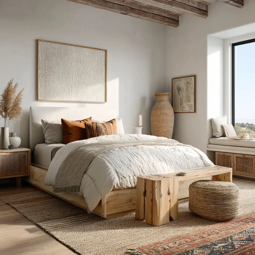 Master bedroom takes California boho in a more rustic, sculptural, and materially expressive direction Master bedroom takes California boho in a more rustic, sculptural, and materially expressive direction