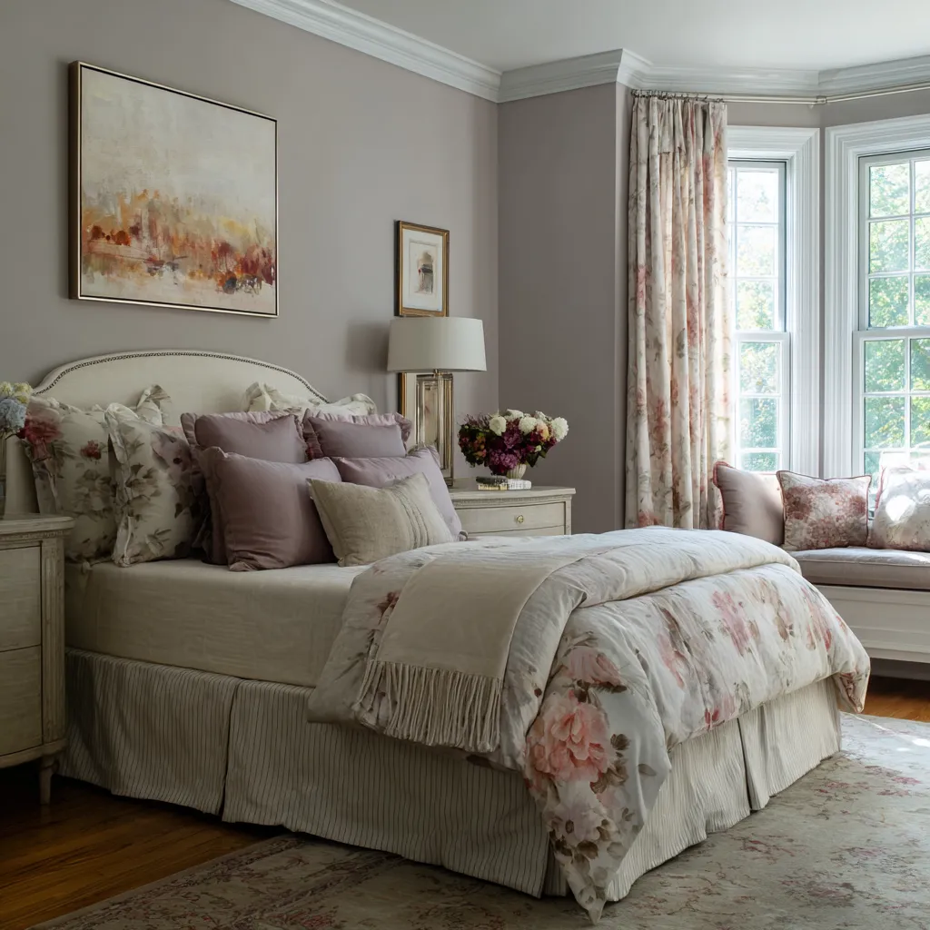 Mature modern shabby chic bedroom with heather-mauve walls, an arched upholstered headboard, layered floral and plum-toned pillows Mature modern shabby chic bedroom with heather-mauve walls, an arched upholstered headboard, layered floral and plum-toned pillows