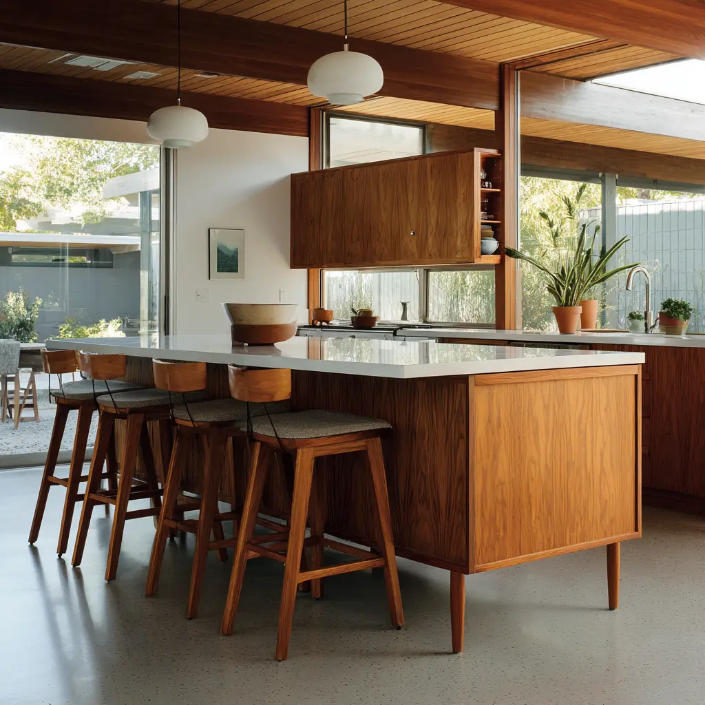 Mid-century kitchen island on slender tapered legs, warm brown wood base, crisp white top, matching wood stools Mid-century kitchen island on slender tapered legs, warm brown wood base, crisp white top, matching wood stools
