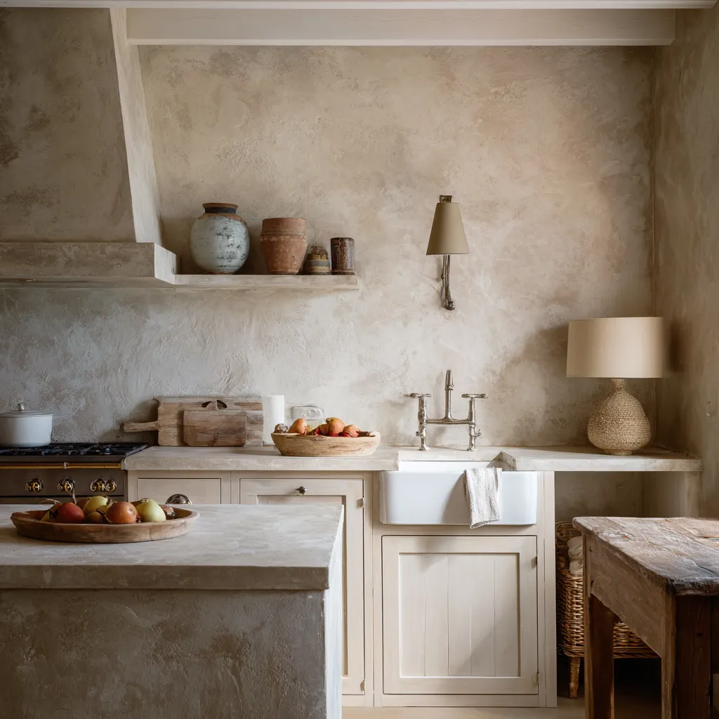 Mineral-toned shabby chic kitchen with a plaster hood and plaster-faced island, an apron sink, old wood worktable Mineral-toned shabby chic kitchen with a plaster hood and plaster-faced island, an apron sink, old wood worktable