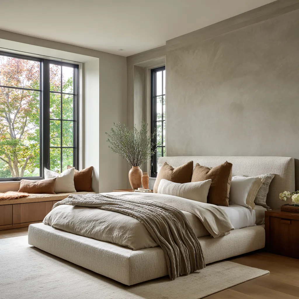 Minimal California chic bedroom with a plaster-finished feature wall, low pale upholstered bed, black-framed windows Minimal California chic bedroom with a plaster-finished feature wall, low pale upholstered bed, black-framed windows