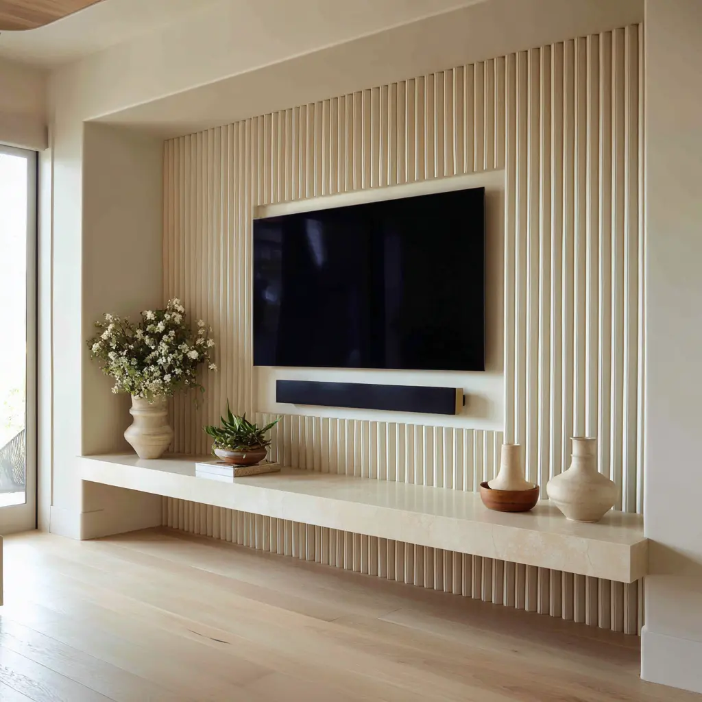 Minimal fluted TV wall with pale vertical ribbed panels, floating stone ledge, mounted television, and soft neutral styling Minimal fluted TV wall with pale vertical ribbed panels, floating stone ledge, mounted television, and soft neutral styling